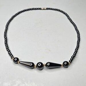 Hematite Round Bead and Gold Tone Spacer Beaded Necklace 18"L